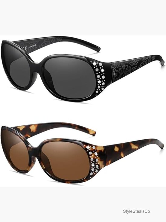 Polarized Wrap Around Sunglasses Rhinestone Bling UV400 Protection 2 Pair